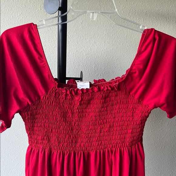 Just My Size Red Smocked Flutter Sleeve Blouse - Picture 4 of 8